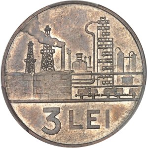 Socialist Republic (1965–1989). 3-lei copper-nickel trial coin, single-sided reverse with a smooth edge, Special Strike (SP) ND (1966), Bucharest.