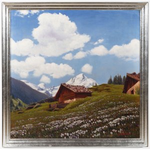 ANTON FILKUKA ( 1890 - 1957) , Spring Morning in the Alps with Farmhouse