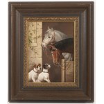 Carl Reichert 1836 - 1918), Two horses looking at two dogs