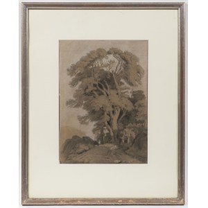 British Master, 18th Century , Study of a Monumental Tree with Figures on a Path