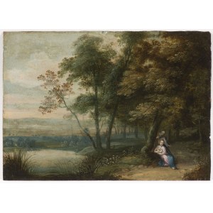 ATTRIBUITO AD ADRIAEN STALBEMT (ANVERSA 1580 - 1662), Paesaggio con la sosta durante la fuga in Egitto