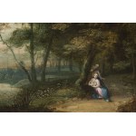 ATTRIBUITO AD ADRIAEN STALBEMT (ANVERSA 1580 - 1662), Paesaggio con la sosta durante la fuga in Egitto