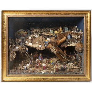 Ein mitteleuropäisches Krippendiorama – regionale Volkskunst in einer verglasten Vitrine