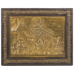 Panneau en relief en laiton, scène de taverne néerlandaise
