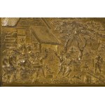 Panneau en relief en laiton, scène de taverne néerlandaise