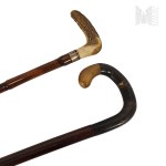 Two Wooden Walking Canes, Supportive, Hardwood and Bamboo, Antler Handles