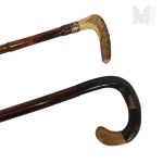 Two Wooden Walking Canes, Supportive, Hardwood and Bamboo, Antler Handles