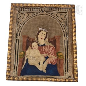 Embroidered Religious Painting of the Virgin Mary with the Child in a Wooden Frame