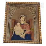 Embroidered Religious Painting of the Virgin Mary with the Child in a Wooden Frame