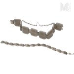 Two Bracelets - Bracelet with Shiny Gray Stones, Delicate Bracelet with a Leaf Motif