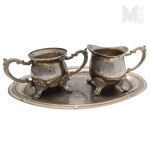 Set of Nickel-Plated Metal Tableware - Tray, Milk Jug, Sugar Bowl