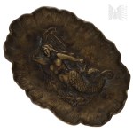 Brass Desk Tray/Ashtray Featuring an Image of a Mermaid with a Harp, Symbol of Warsaw (?)