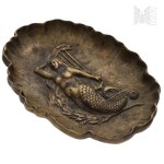Brass Desk Tray/Ashtray Featuring an Image of a Mermaid with a Harp, Symbol of Warsaw (?)