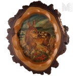 Germany - Painting of a Roe Deer on a Wooden Panel in a Frame Made from a Tree Trunk Slice by Werner Krones, Bad Wiessee, Bavaria