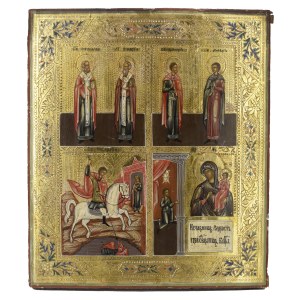 A four-panel icon depicting saints and the Virgin Mary