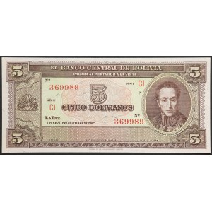 Bolivia, Republic, 5 Bolivianos 1945