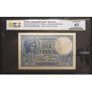France, Third Republic, 10 Francs Specimen TOP POP 1921
