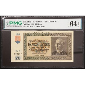 Slovakia, First Republic, 20 Korun Specimen 1939