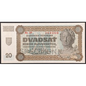 Slovakia, First Republic, 20 Korun Specimen 1942