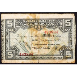 Spain, Republic, 5 Pesetas 01/01/1937