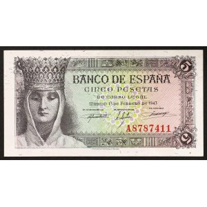 Spain, Kingdom, 5 Pesetas 13/02/1943