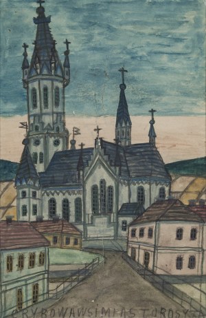 Nikifor Krynicki (1895 Krynica - 1968 Folusz), Widok na bazylikę w Grybowie, lata 50/60. XX w.
