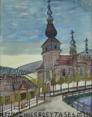 Nikifor Krynicki (1895 Krynica - 1968 Folusz), Widok na kościół, lata 60. XX w.