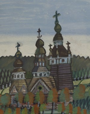 Nikifor Krynicki (1895 Krynica - 1968 Folusz), Widok na drewnianą cerkiew, około lata 60. XX w.