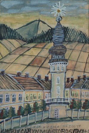 Nikifor Krynicki (1895 Krynica - 1968 Folusz), Widok na miasto z wieżą, lata 50/60 XX w.