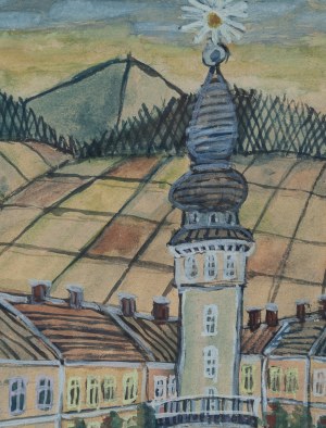 Nikifor Krynicki (1895 Krynica - 1968 Folusz), Widok na miasto z wieżą, lata 50/60 XX w.