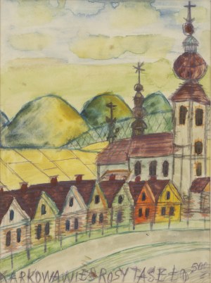 Nikifor Krynicki (1895 Krynica - 1968 Folusz), Widok z pagórkami i kościołem, lata 60. XX w.