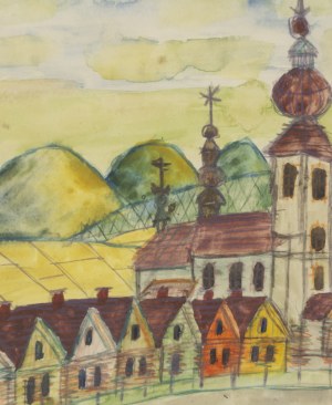 Nikifor Krynicki (1895 Krynica - 1968 Folusz), Widok z pagórkami i kościołem, lata 60. XX w.