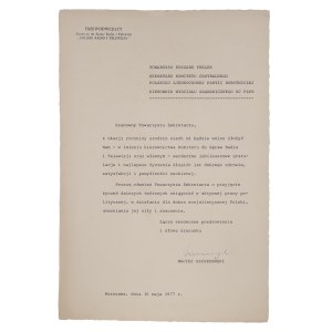 Maciej Szczepański (1928-2015) przewodniczący Komitetu ds Radia i Telewizji na ul. Woronicza w l. 1972-1980, czyli epoce Gierka. Laurka dla dygnitarza z Komitetu Centralnego PZPR - Ryszarda Frelka, kierownika wydziału zagranicznego. Warszawa 30 V 1977