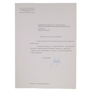Florian Siwicki (1925-2013) generał, wiceminister Obrony Narodowej. Życzenia urodzinowe dla dygnitarza z Komitetu Centralnego PZPR - Ryszarda Frelka, kierownika wydziału zagranicznego. Warszawa 30 V 1977