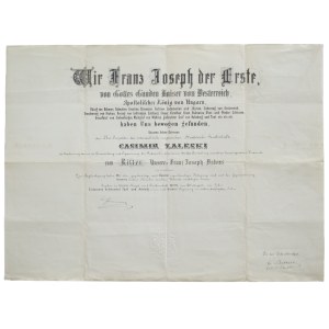 Franciszek Józef I (1830-1916) cesarz. Dyplom mianujący inż. Kazimierza Zaleskiego kawalerem orderu Franciszka Józefa. Wiedeń, 23 VIII 1885