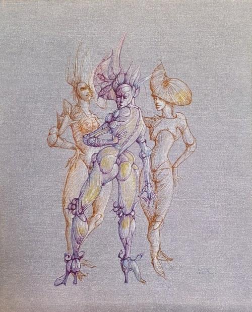 Leonor Fini (1918 Buenos Aires - 1996 Paryż), Trois Figures en costumes (Trzy postacie w kostiumach) z cyklu Les Personnages / Masquerades), 1980
