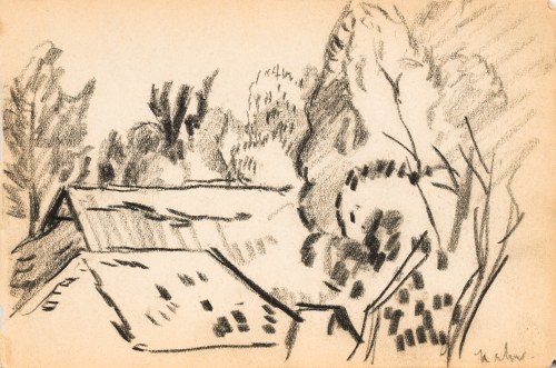 Kazimierz PODSADECKI (1904-1970), Pejzaż z dachami wiejskich domów z okolic Kalwarii Zebrzydowskiej, wrzesień 1937
