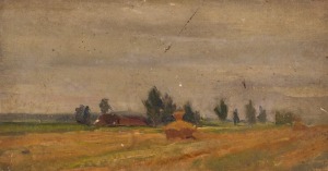 Stanisław DYBOWSKI, PEJZAŻ WIEJSKI ZE STOGIEM NA POLU