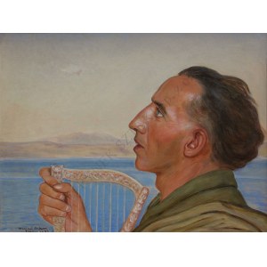 Wlastimil Hofman (1881-1970), Portret mężczyzny z harfą nad Jeziorem Tyberiadzkim (1943)