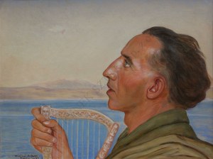Wlastimil Hofman (1881-1970), Portret mężczyzny z harfą nad Jeziorem Tyberiadzkim (1943)