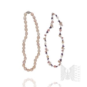 Set of 2 Necklaces Made of Natural Freshwater Pearls, Natural Amethysts, and Quartz