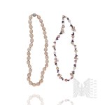 Set of 2 Necklaces Made of Natural Freshwater Pearls, Natural Amethysts, and Quartz