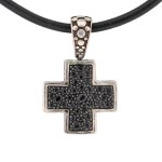 John Hardy - Silver (0.925) & Leather Cord - Designer Silver Cross with Black Stones