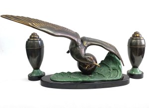 Irénée Rochard (1906-1984), Garnitur kominkowy z mewą, Art Nouveau, Francja