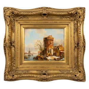 Oil painting on panel, River Landscape with Tower and Mill — 19th century; panel: 18x22 cm; frame: 44x48 cm