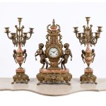 Triptych consisting of two candelabra and a clock made of gilded bronze and pink marble, 19th century