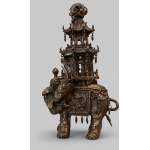 Large Bronze Incense Burner with a Dark Patina - Ceremonial Elephant with Pagoda-Style Architecture - China, Late Qing Dynasty / Early 20th Century