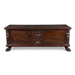 17th-century walnut storage bench with Mannerist-style carvings