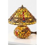 Large Tiffany-style table lamp with dual lighting, featuring dragonfly motifs and Art Deco floral designs