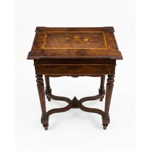 Antique walnut inlaid side table with a removable, hinged top featuring floral inlay; classic furniture; antique desk